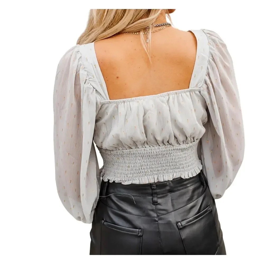 Anthropologie By The River Gray Sheer Chiffon Gold Speck Crop Smock Romantic Top
